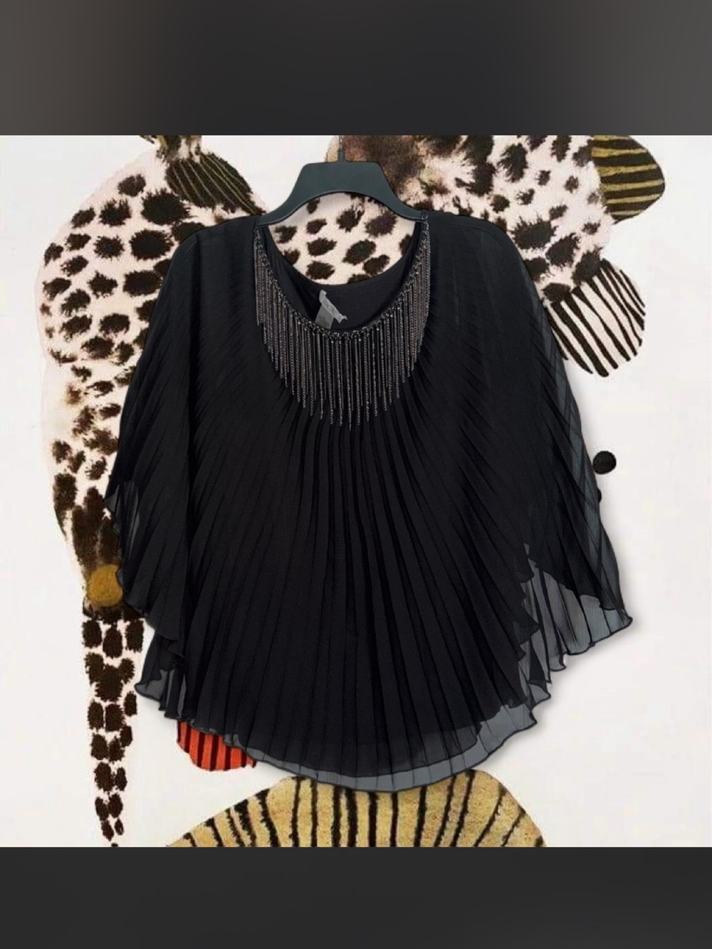 Vintage Cache Y2K Black Flowy pleated Sheer top with silver chain detail